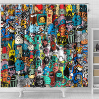 Happy Doodle Monsters Sticker Bomb Shower Curtain Funny Graffiti Style Cartoon