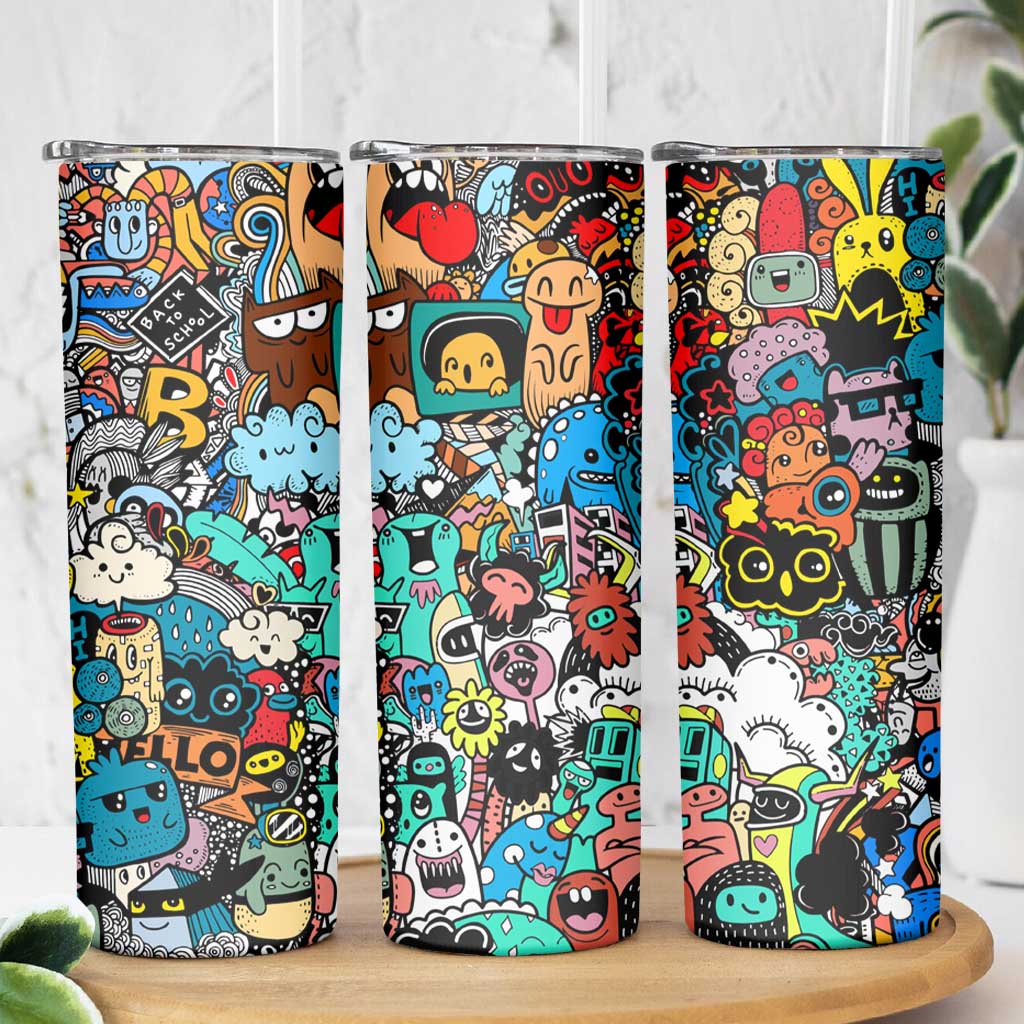Happy Doodle Monsters Sticker Bomb Skinny Tumbler Funny Graffiti Style Cartoon