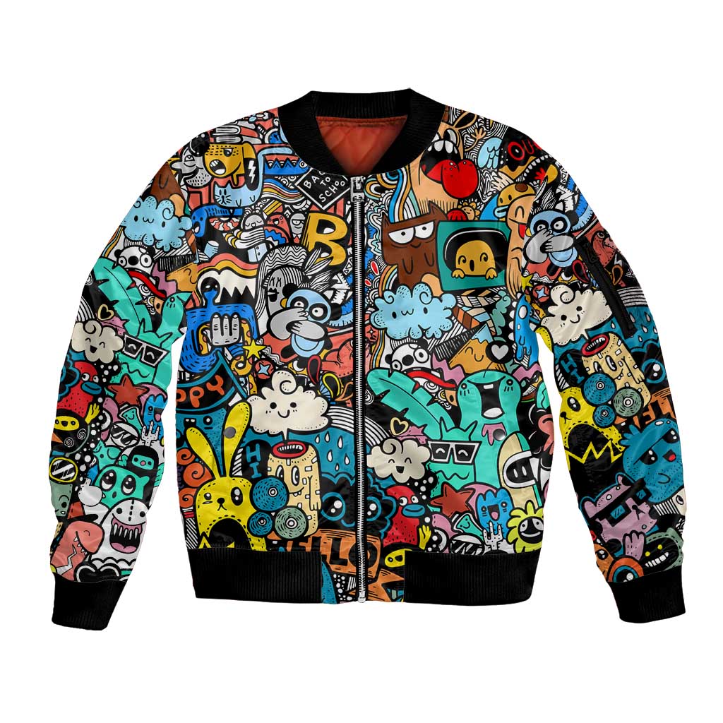 Happy Doodle Monsters Sticker Bomb Sleeve Zip Bomber Jacket Funny Graffiti Style Cartoon