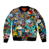 Happy Doodle Monsters Sticker Bomb Sleeve Zip Bomber Jacket Funny Graffiti Style Cartoon