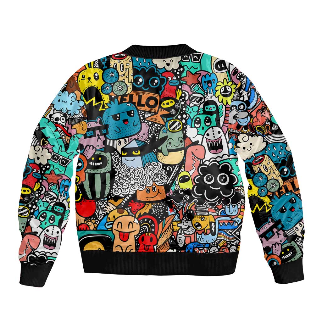 Happy Doodle Monsters Sticker Bomb Sleeve Zip Bomber Jacket Funny Graffiti Style Cartoon