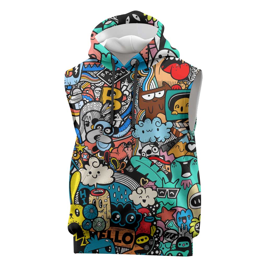 Happy Doodle Monsters Sticker Bomb Sleeveless Hoodie Funny Graffiti Style Cartoon