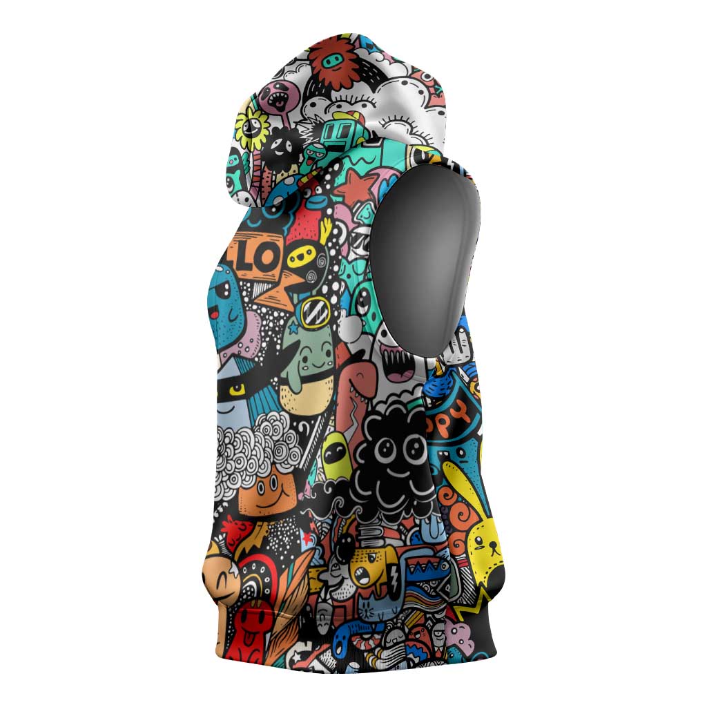 Happy Doodle Monsters Sticker Bomb Sleeveless Hoodie Funny Graffiti Style Cartoon