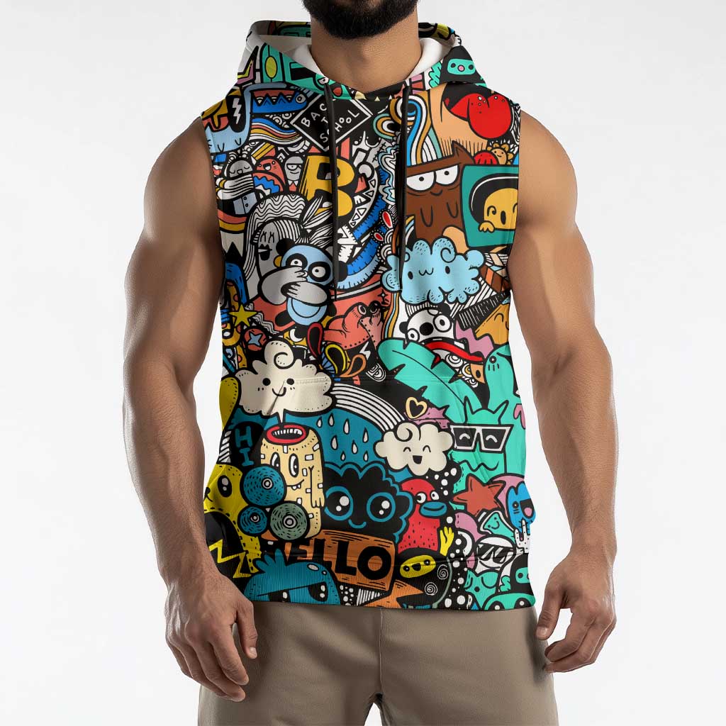 Happy Doodle Monsters Sticker Bomb Sleeveless Hoodie Funny Graffiti Style Cartoon