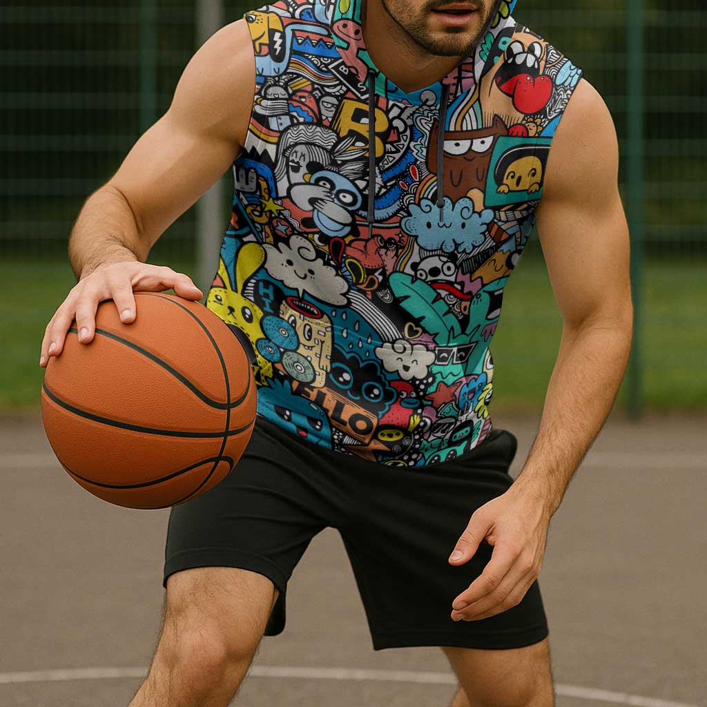 Happy Doodle Monsters Sticker Bomb Sleeveless Hoodie Funny Graffiti Style Cartoon