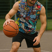 Happy Doodle Monsters Sticker Bomb Sleeveless Hoodie Funny Graffiti Style Cartoon