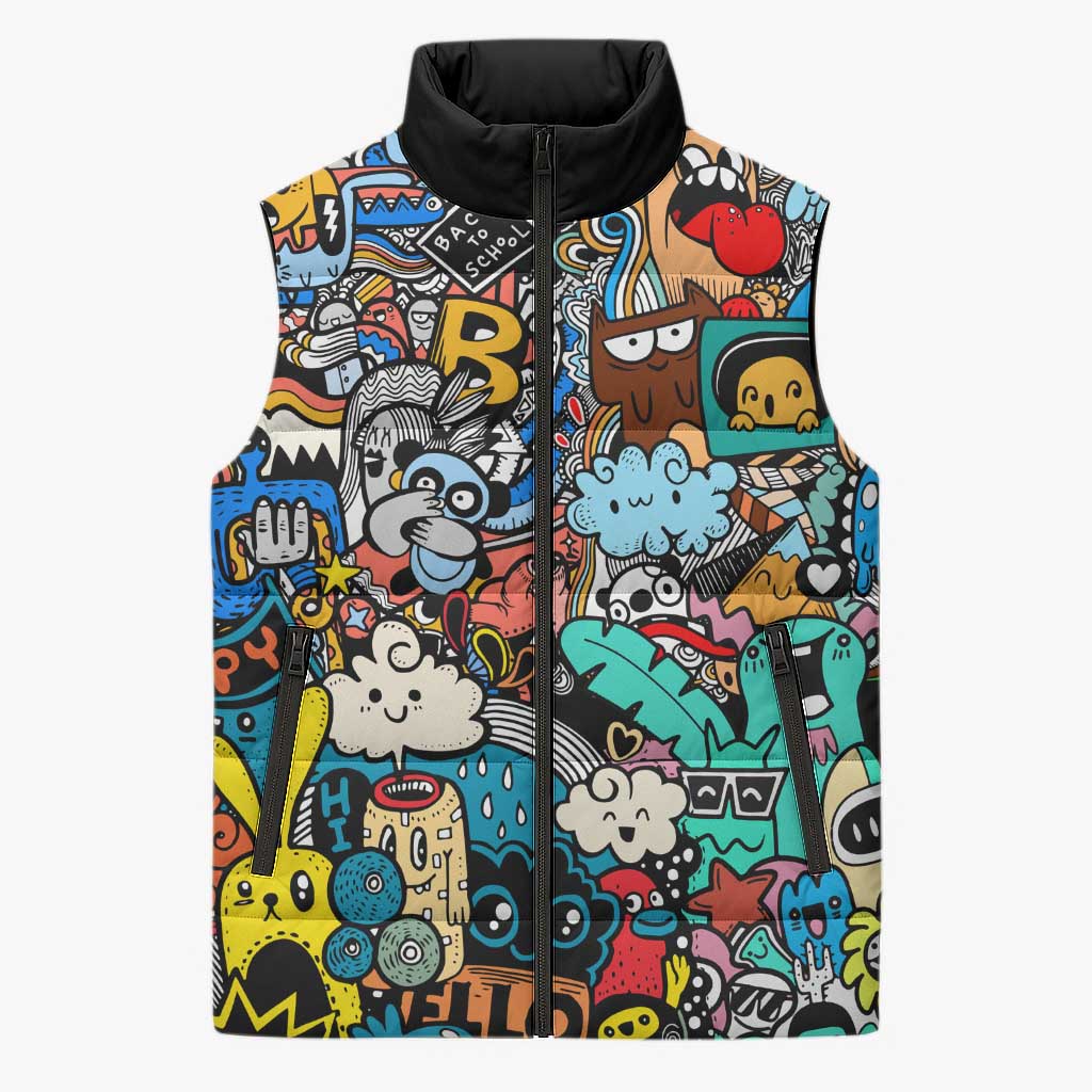Happy Doodle Monsters Sticker Bomb Sleeveless Puffer Jacket Funny Graffiti Style Cartoon