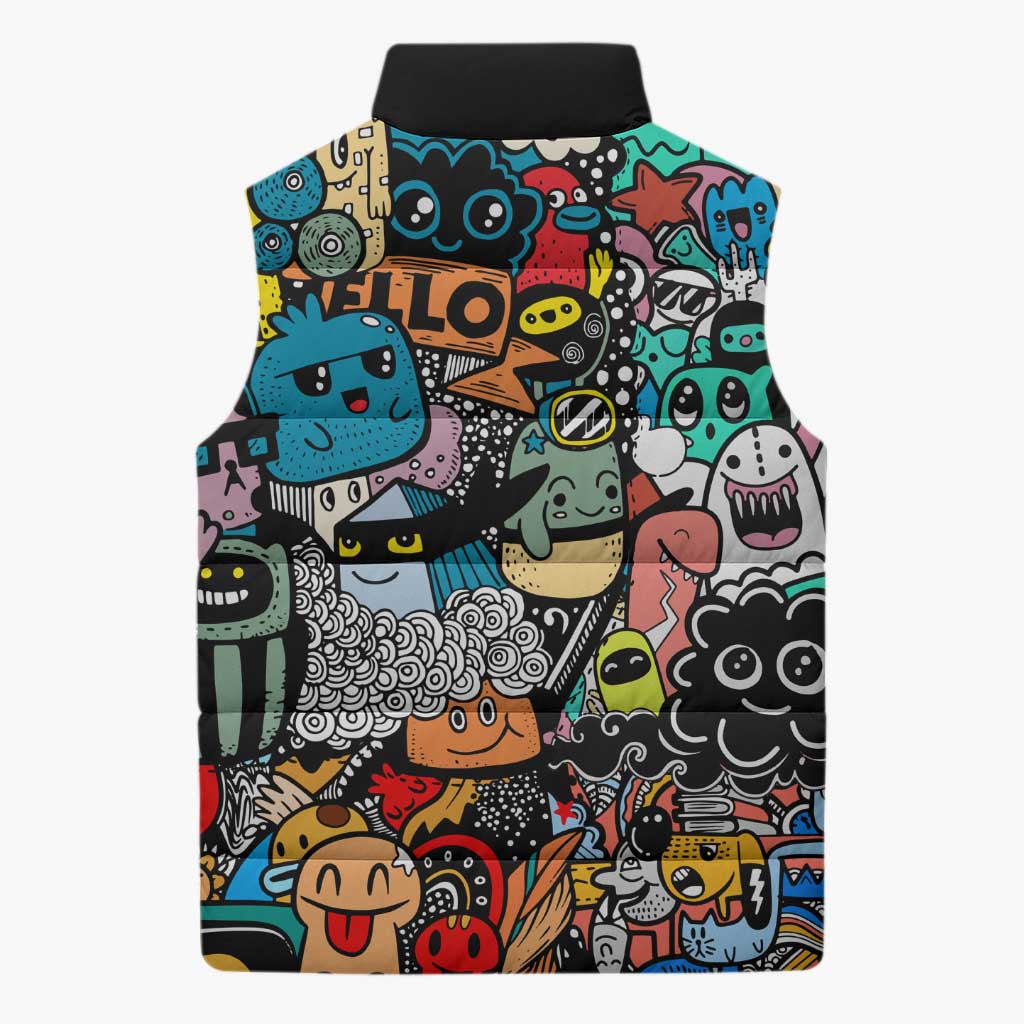 Happy Doodle Monsters Sticker Bomb Sleeveless Puffer Jacket Funny Graffiti Style Cartoon