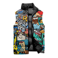 Happy Doodle Monsters Sticker Bomb Sleeveless Puffer Jacket Funny Graffiti Style Cartoon