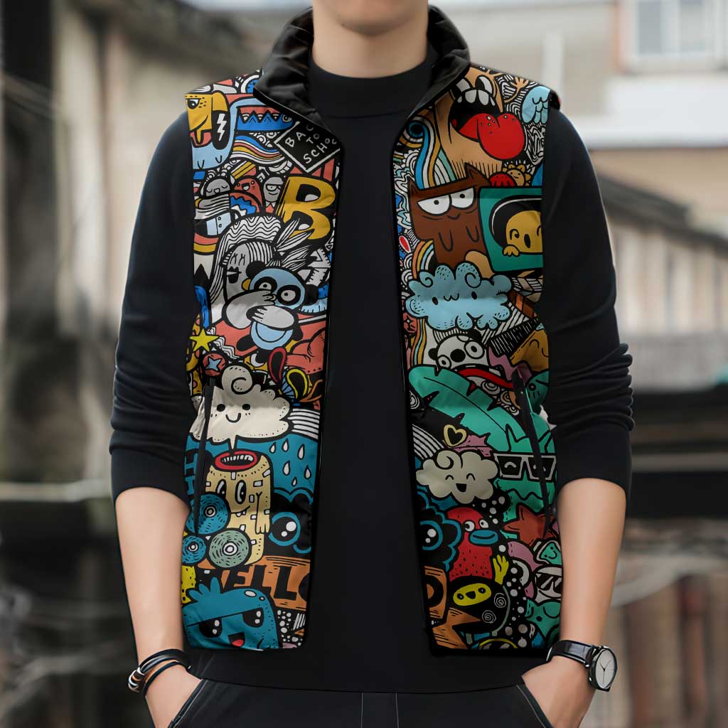 Happy Doodle Monsters Sticker Bomb Sleeveless Puffer Jacket Funny Graffiti Style Cartoon