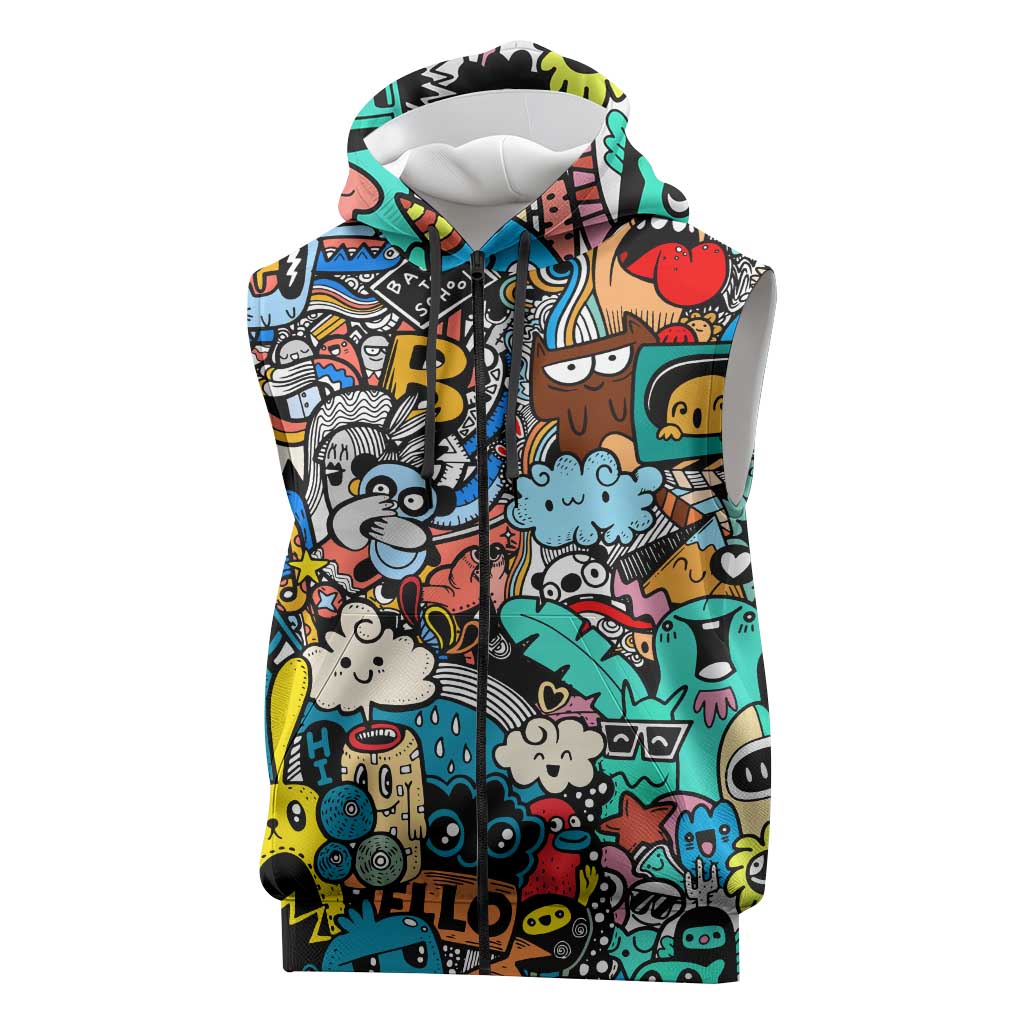Happy Doodle Monsters Sticker Bomb Sleeveless Zip Hoodie Funny Graffiti Style Cartoon