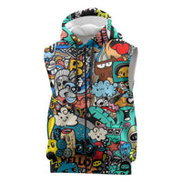 Happy Doodle Monsters Sticker Bomb Sleeveless Zip Hoodie Funny Graffiti Style Cartoon