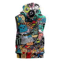 Happy Doodle Monsters Sticker Bomb Sleeveless Zip Hoodie Funny Graffiti Style Cartoon