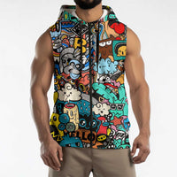 Happy Doodle Monsters Sticker Bomb Sleeveless Zip Hoodie Funny Graffiti Style Cartoon
