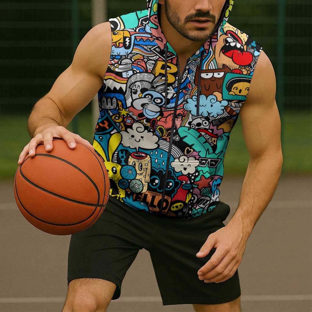 Happy Doodle Monsters Sticker Bomb Sleeveless Zip Hoodie Funny Graffiti Style Cartoon
