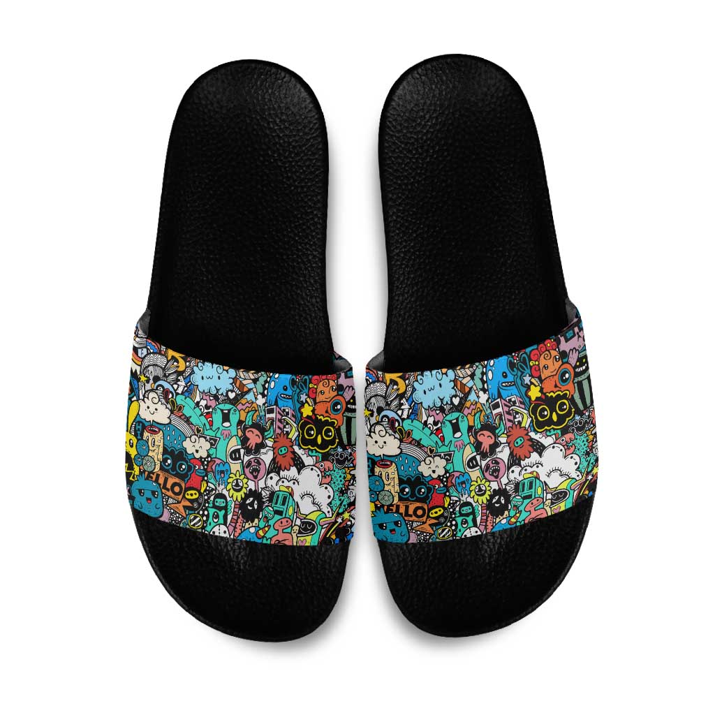 Happy Doodle Monsters Sticker Bomb Slide Sandals Funny Graffiti Style Cartoon