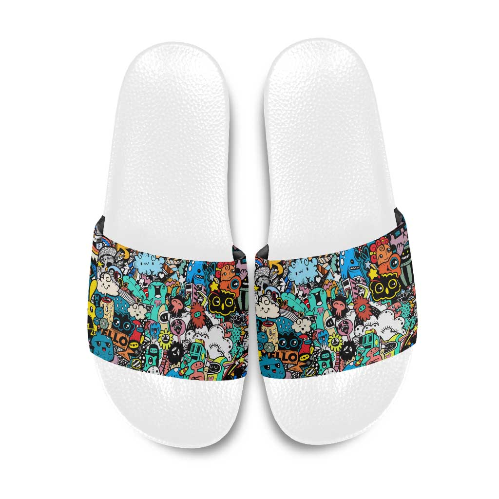 Happy Doodle Monsters Sticker Bomb Slide Sandals Funny Graffiti Style Cartoon
