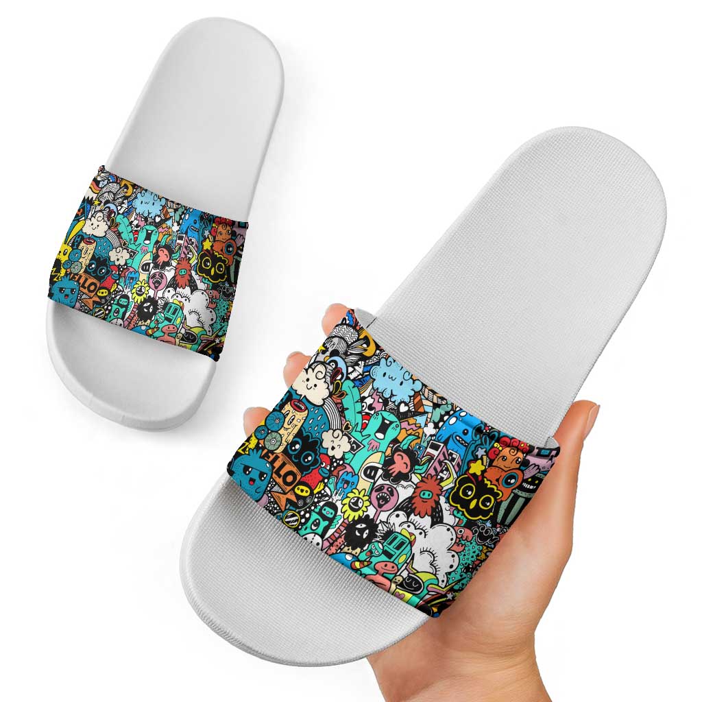 Happy Doodle Monsters Sticker Bomb Slide Sandals Funny Graffiti Style Cartoon