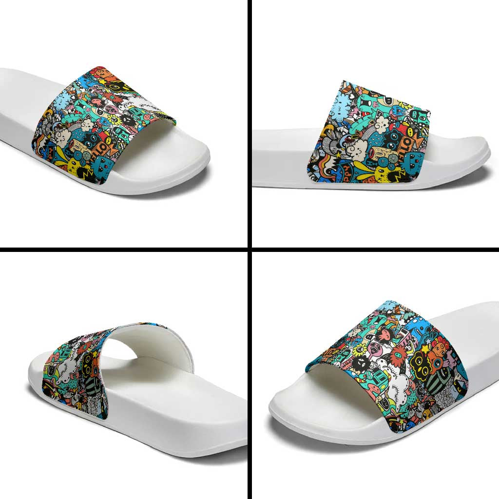 Happy Doodle Monsters Sticker Bomb Slide Sandals Funny Graffiti Style Cartoon