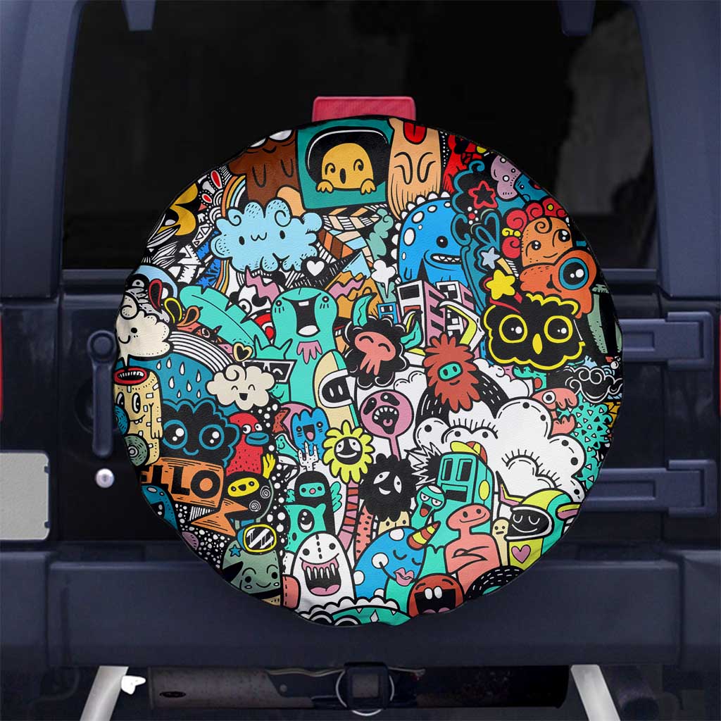 Happy Doodle Monsters Sticker Bomb Spare Tire Cover Funny Graffiti Style Cartoon