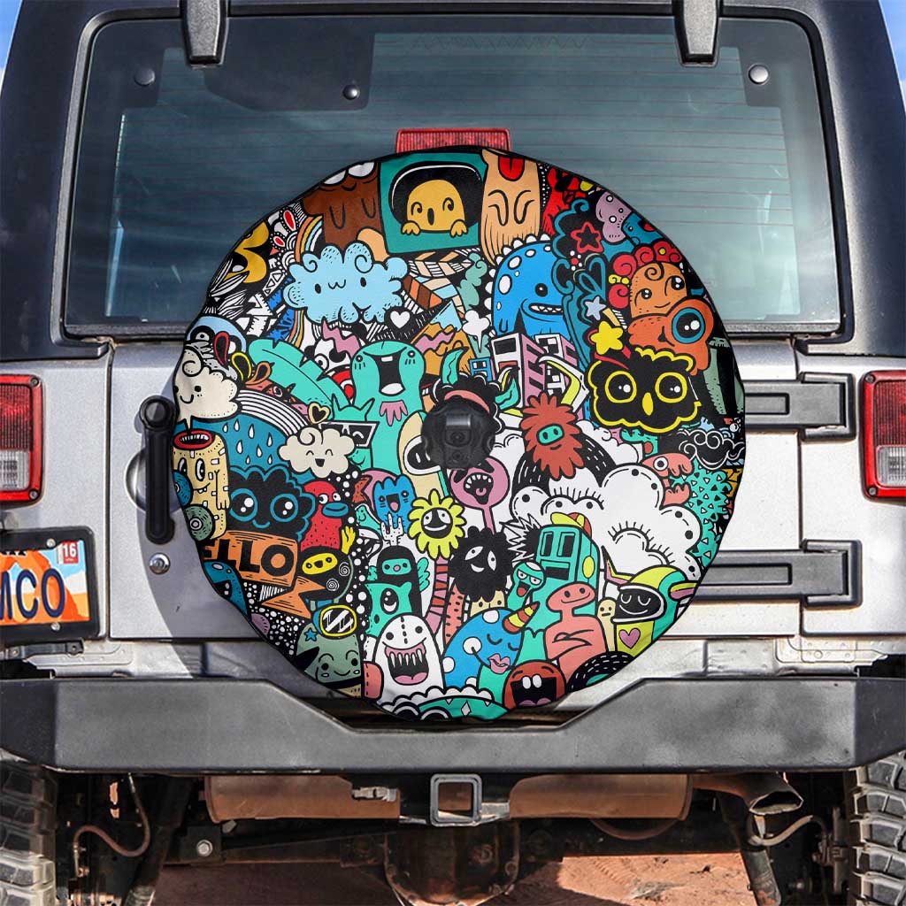 Happy Doodle Monsters Sticker Bomb Spare Tire Cover Funny Graffiti Style Cartoon