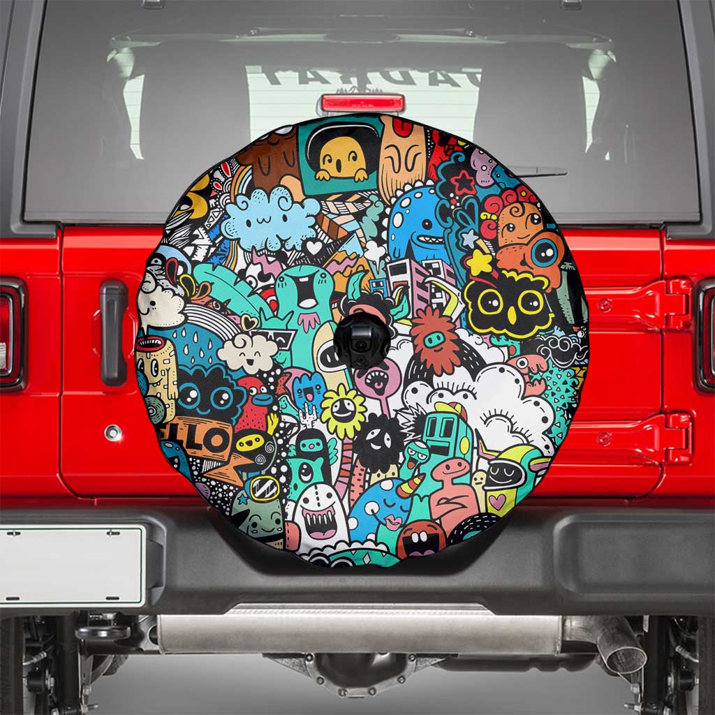 Happy Doodle Monsters Sticker Bomb Spare Tire Cover Funny Graffiti Style Cartoon