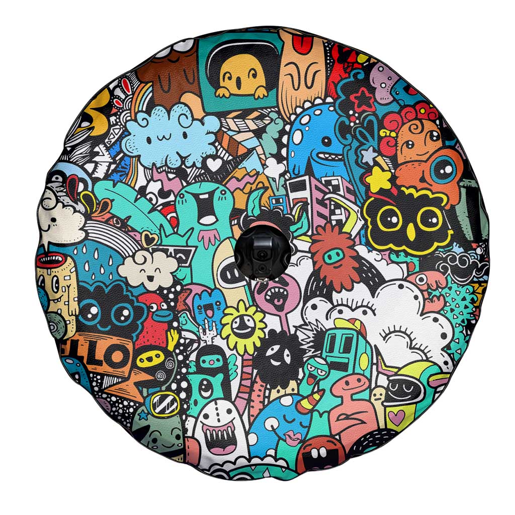 Happy Doodle Monsters Sticker Bomb Spare Tire Cover Funny Graffiti Style Cartoon