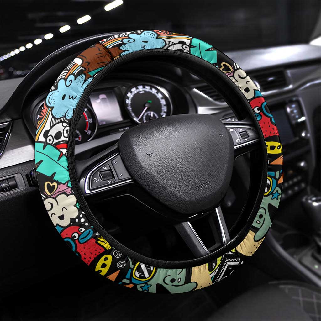 Happy Doodle Monsters Sticker Bomb Steering Wheel Cover Funny Graffiti Style Cartoon