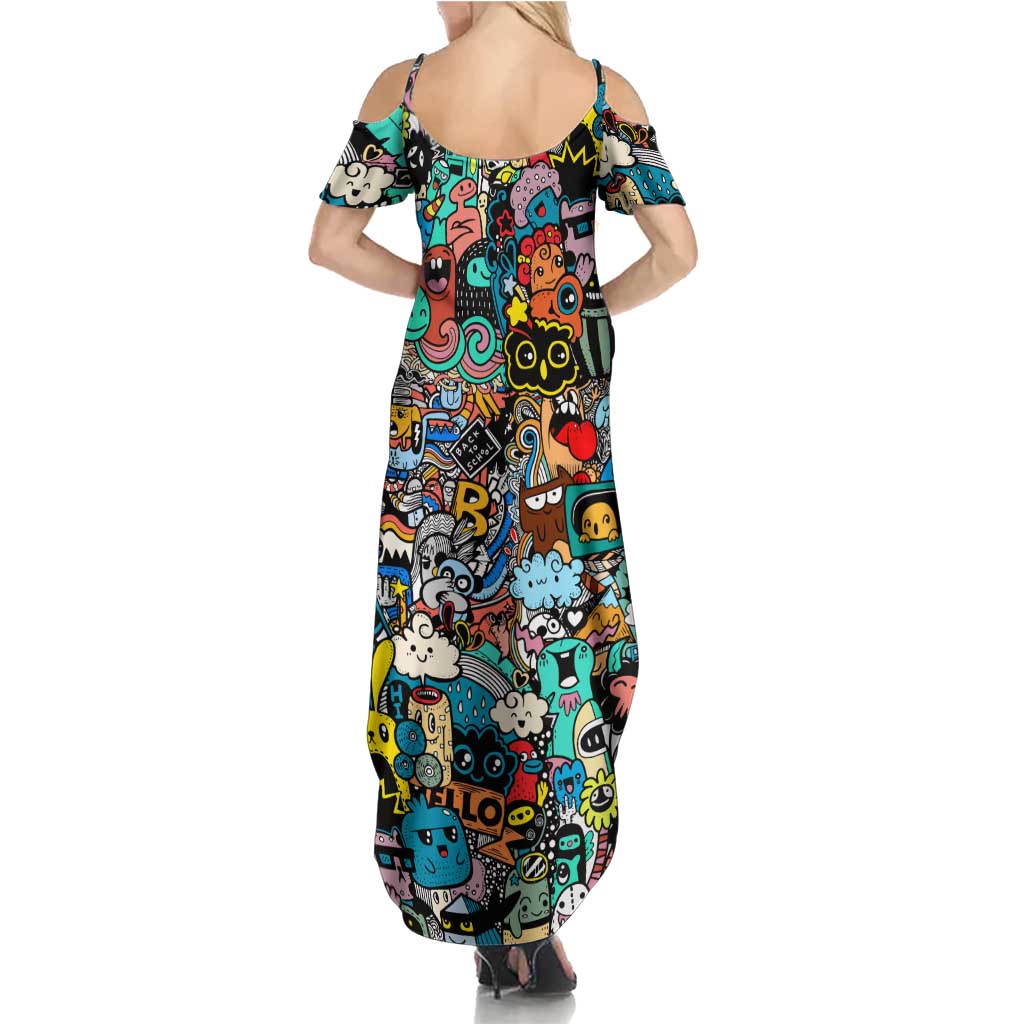 Happy Doodle Monsters Sticker Bomb Summer Maxi Dress Funny Graffiti Style Cartoon
