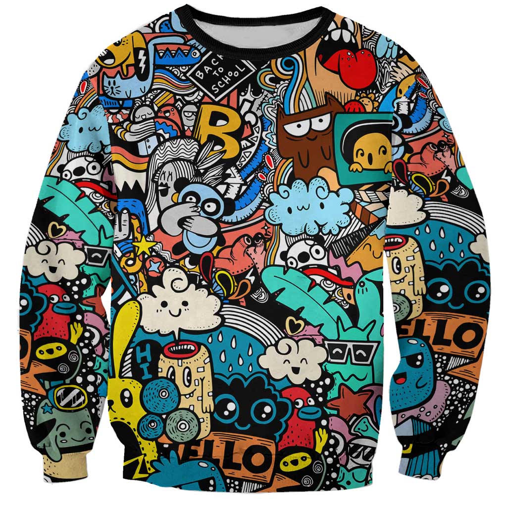 Happy Doodle Monsters Sticker Bomb Sweatshirt Funny Graffiti Style Cartoon