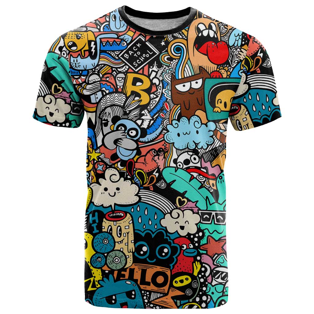 Happy Doodle Monsters Sticker Bomb T Shirt Funny Graffiti Style Cartoon