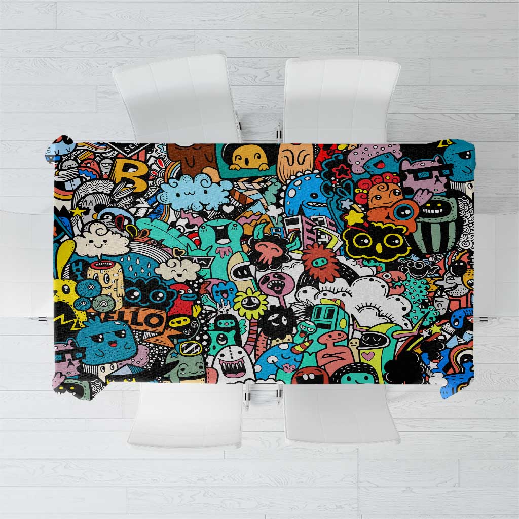 Happy Doodle Monsters Sticker Bomb Tablecloth Funny Graffiti Style Cartoon