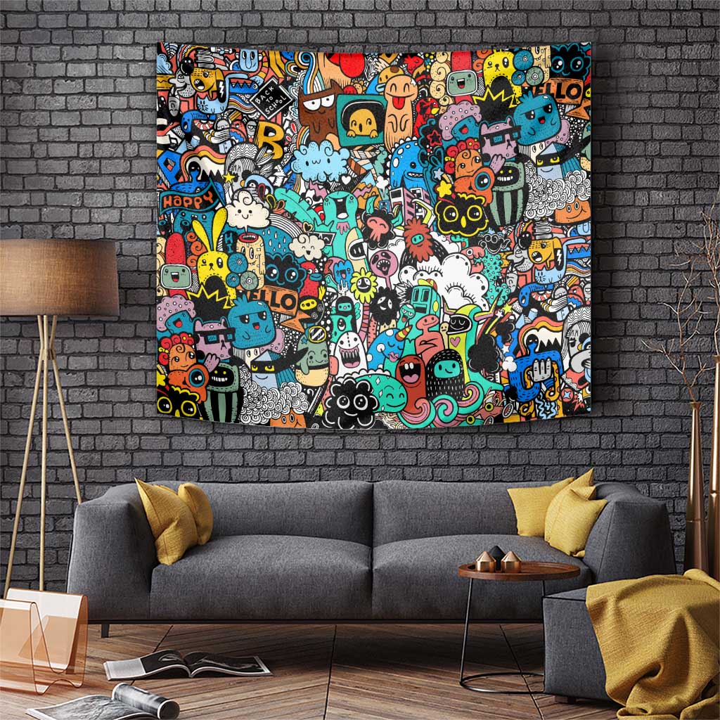 Happy Doodle Monsters Sticker Bomb Tapestry Funny Graffiti Style Cartoon
