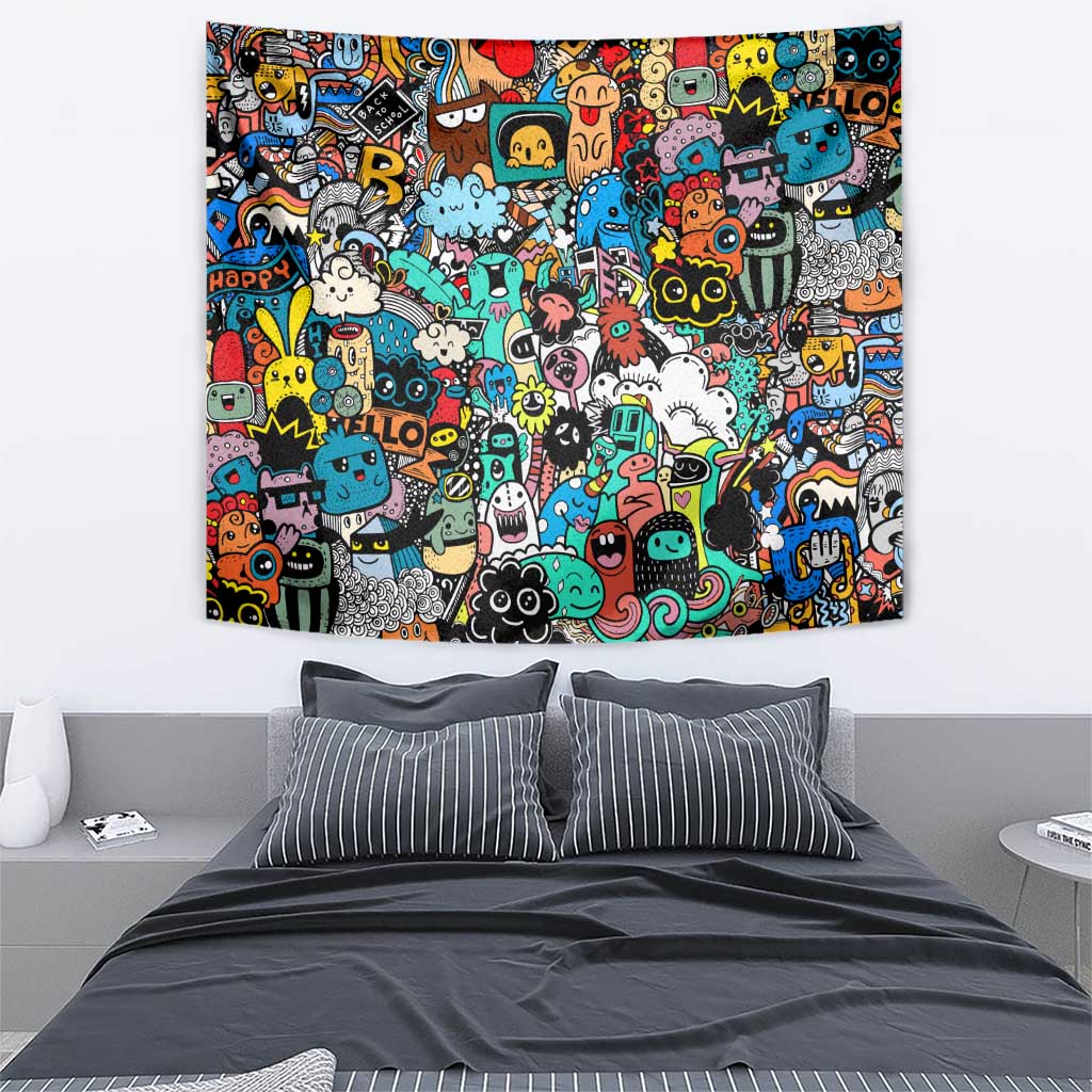 Happy Doodle Monsters Sticker Bomb Tapestry Funny Graffiti Style Cartoon