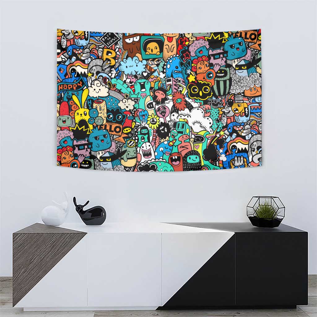 Happy Doodle Monsters Sticker Bomb Tapestry Funny Graffiti Style Cartoon