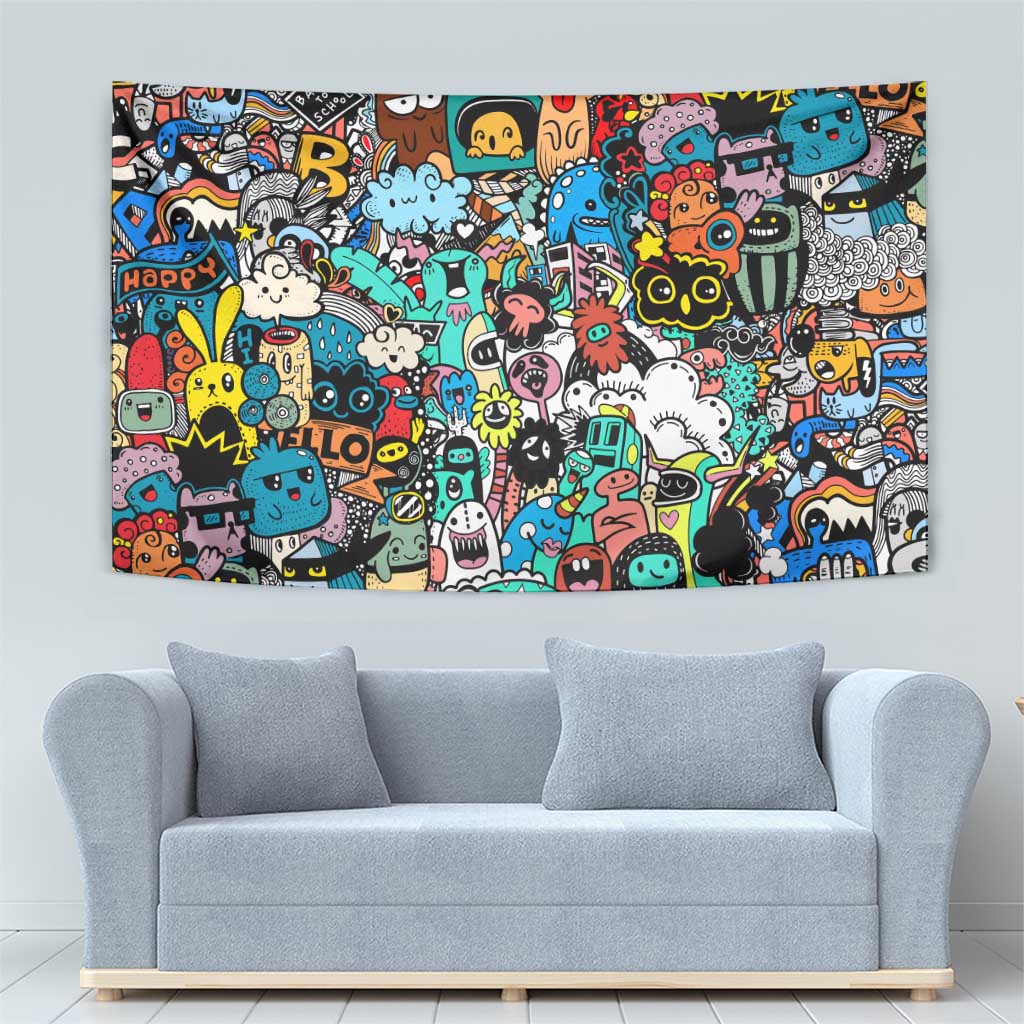 Happy Doodle Monsters Sticker Bomb Tapestry Funny Graffiti Style Cartoon
