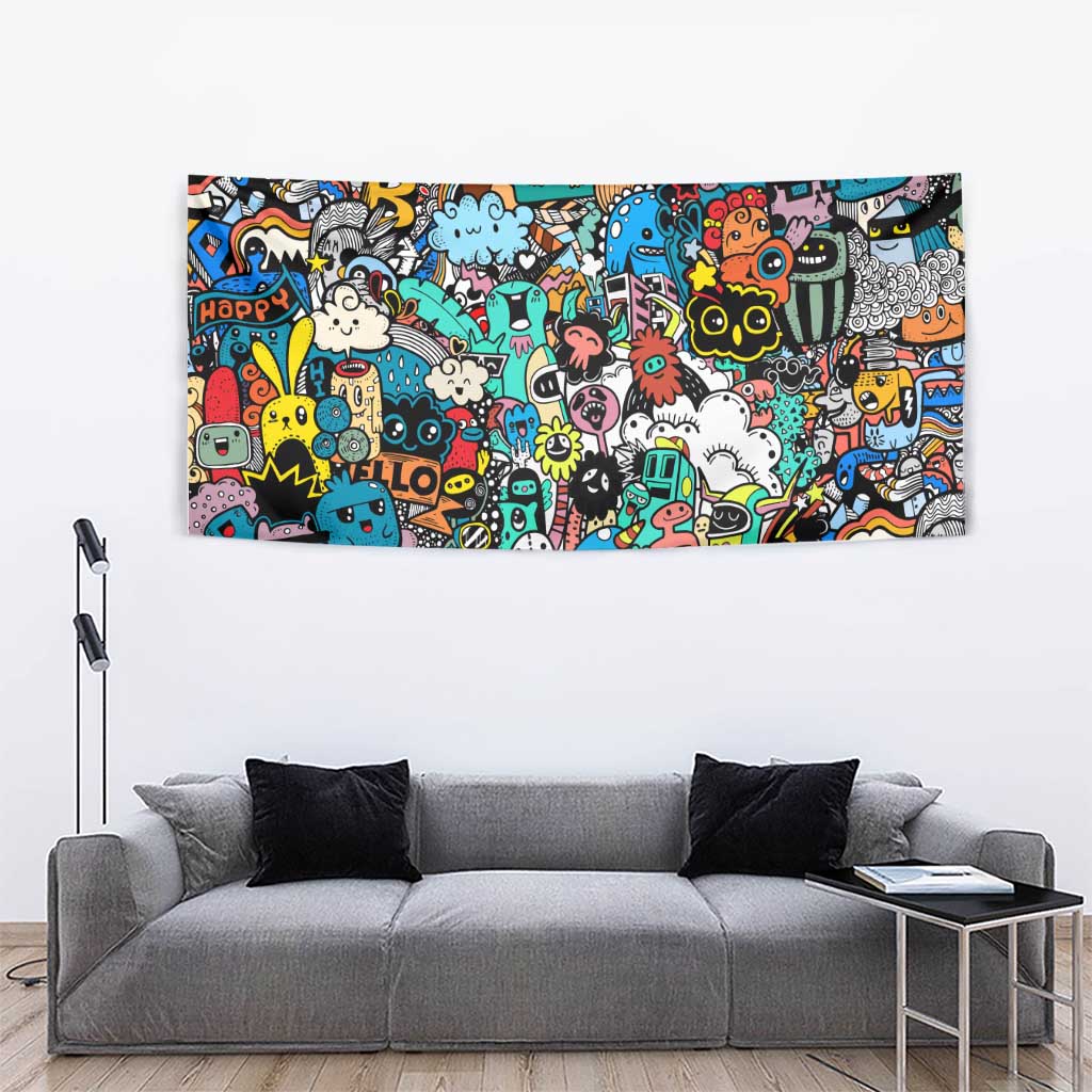 Happy Doodle Monsters Sticker Bomb Tapestry Funny Graffiti Style Cartoon
