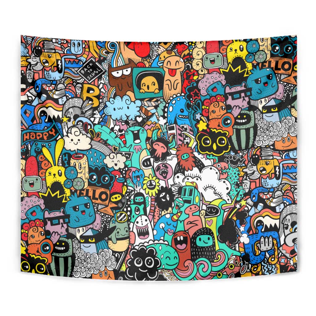 Happy Doodle Monsters Sticker Bomb Tapestry Funny Graffiti Style Cartoon