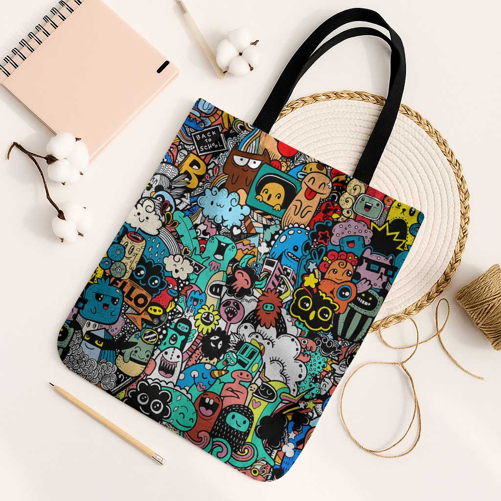 Happy Doodle Monsters Sticker Bomb Tote Bag Funny Graffiti Style Cartoon