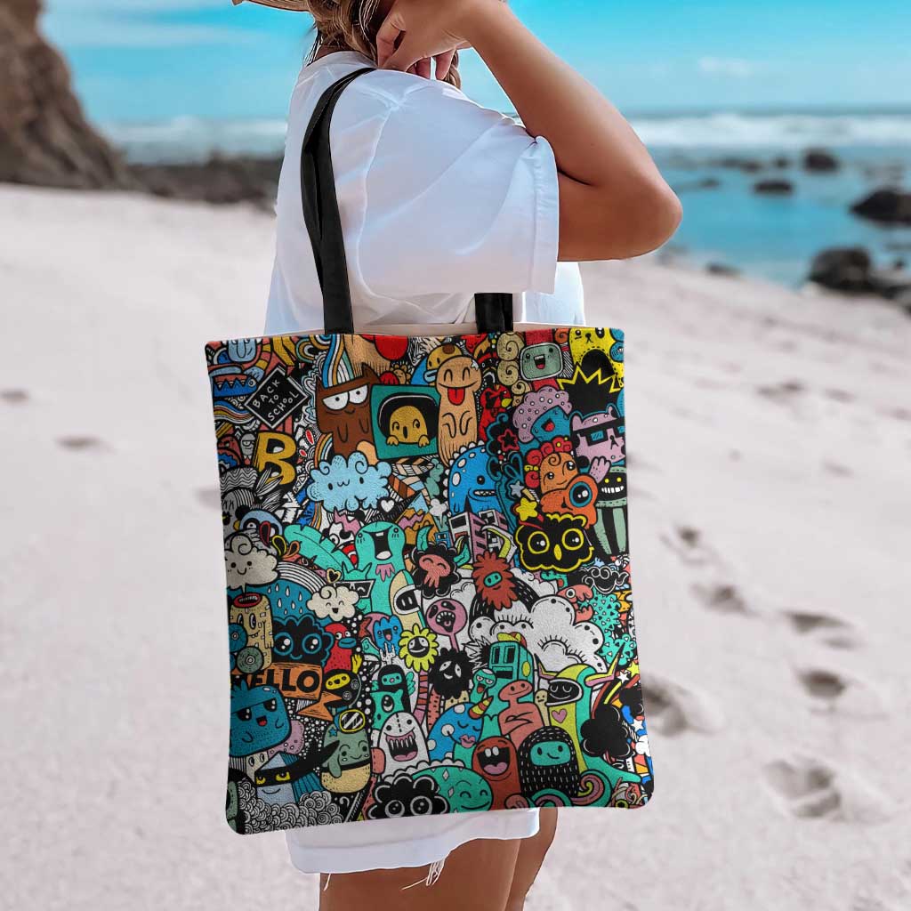 Happy Doodle Monsters Sticker Bomb Tote Bag Funny Graffiti Style Cartoon