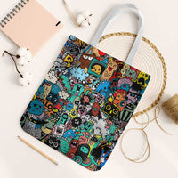 Happy Doodle Monsters Sticker Bomb Tote Bag Funny Graffiti Style Cartoon