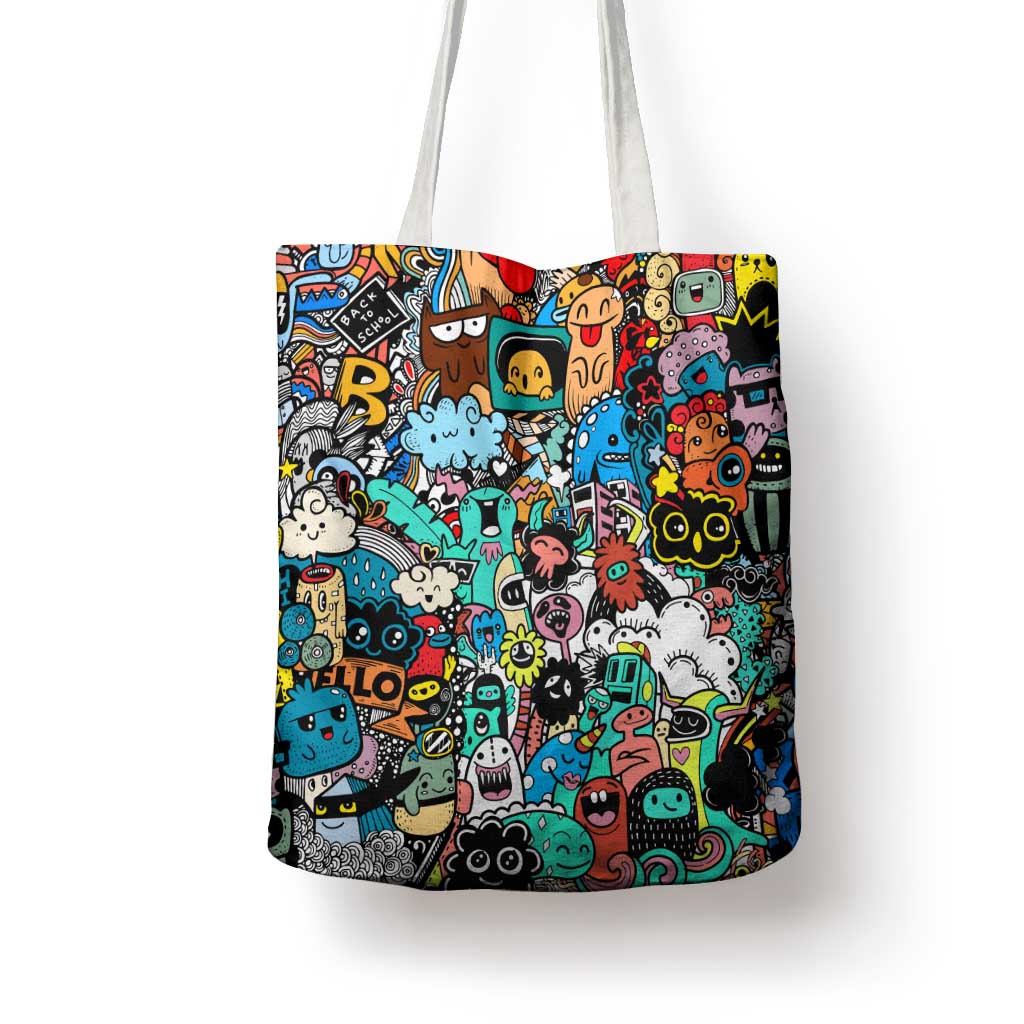 Happy Doodle Monsters Sticker Bomb Tote Bag Funny Graffiti Style Cartoon