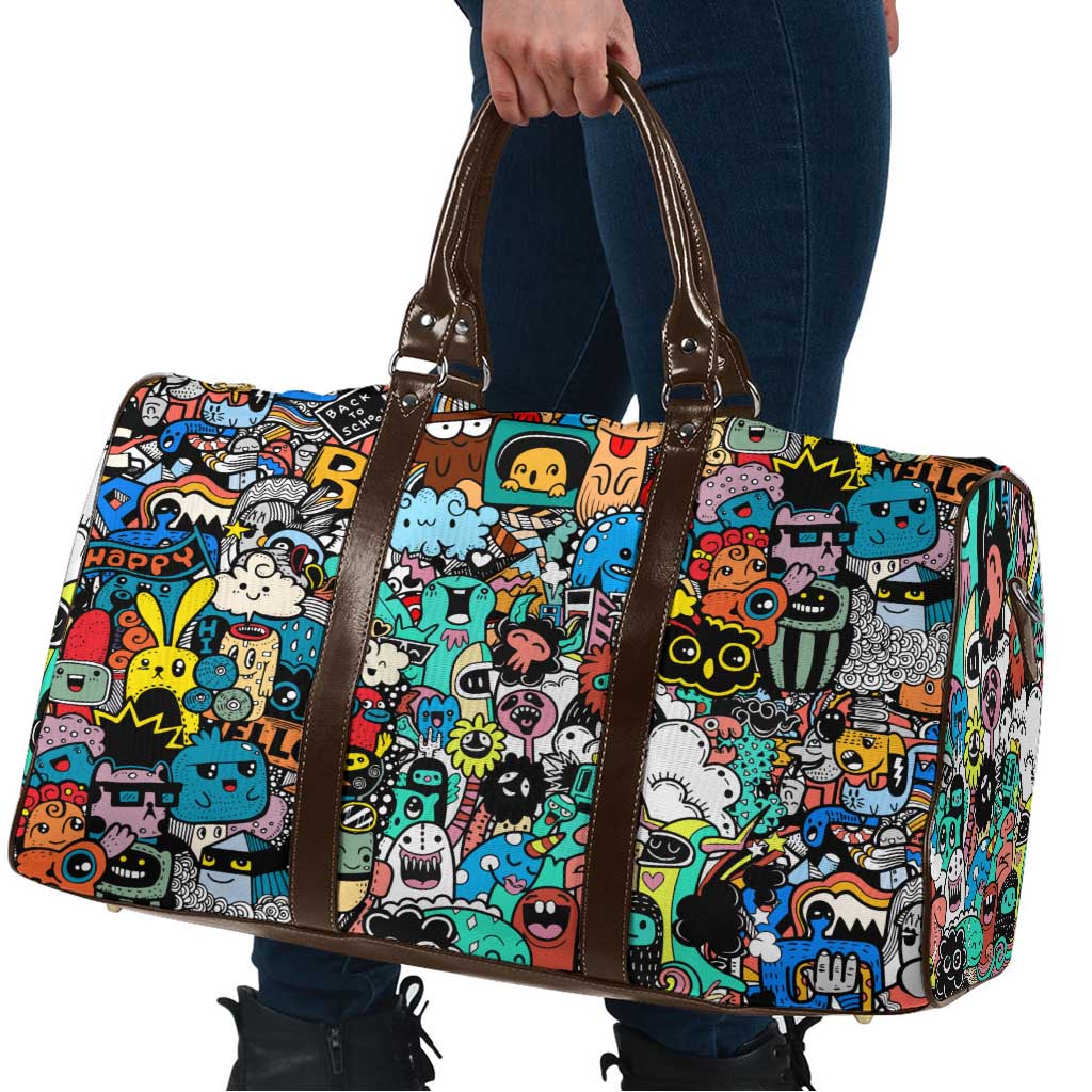Happy Doodle Monsters Sticker Bomb Travel Bag Funny Graffiti Style Cartoon