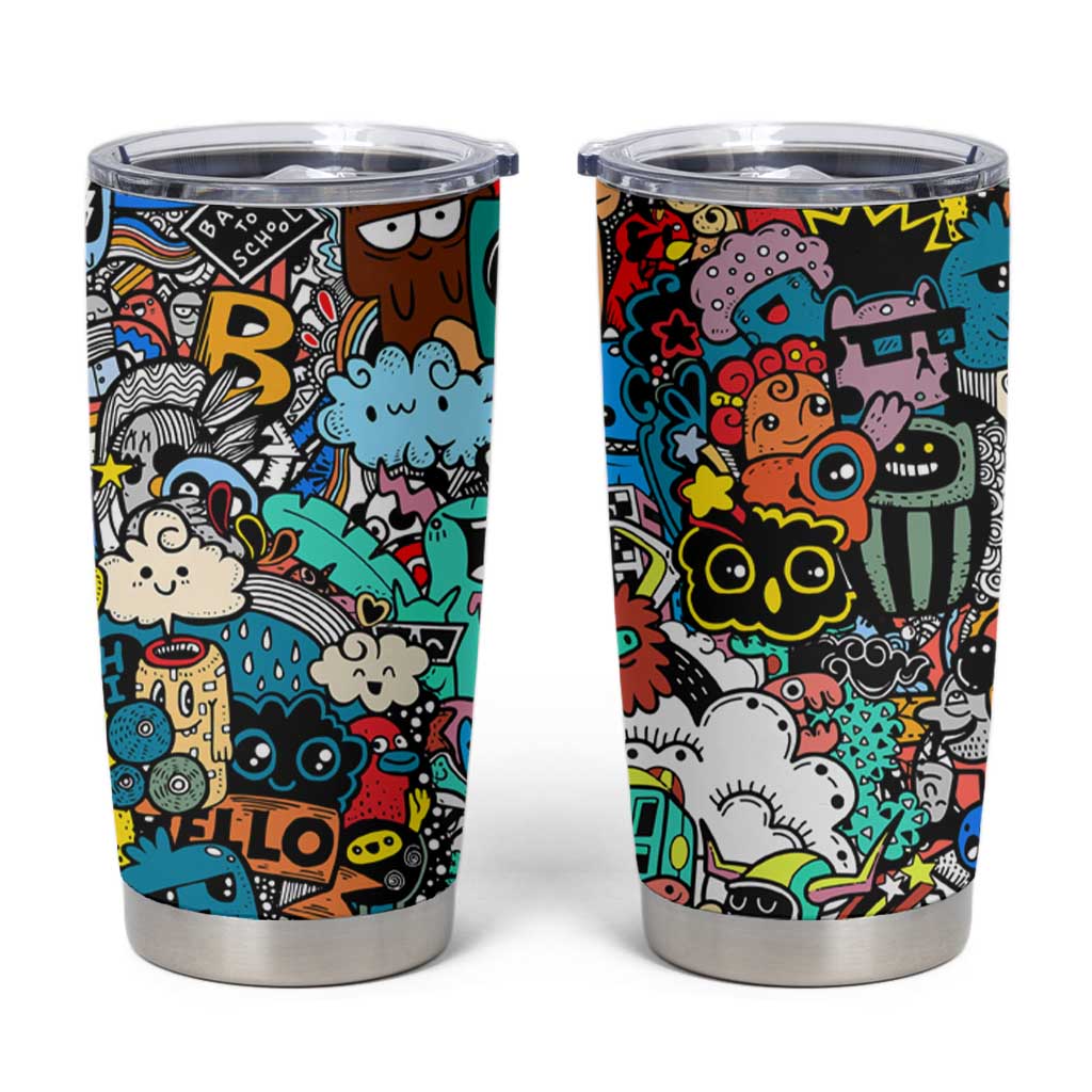 Happy Doodle Monsters Sticker Bomb Tumbler Cup Funny Graffiti Style Cartoon