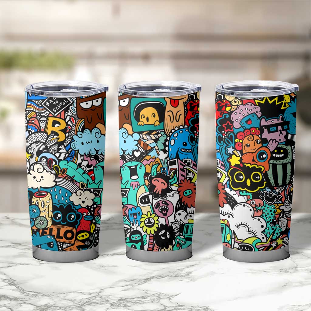Happy Doodle Monsters Sticker Bomb Tumbler Cup Funny Graffiti Style Cartoon