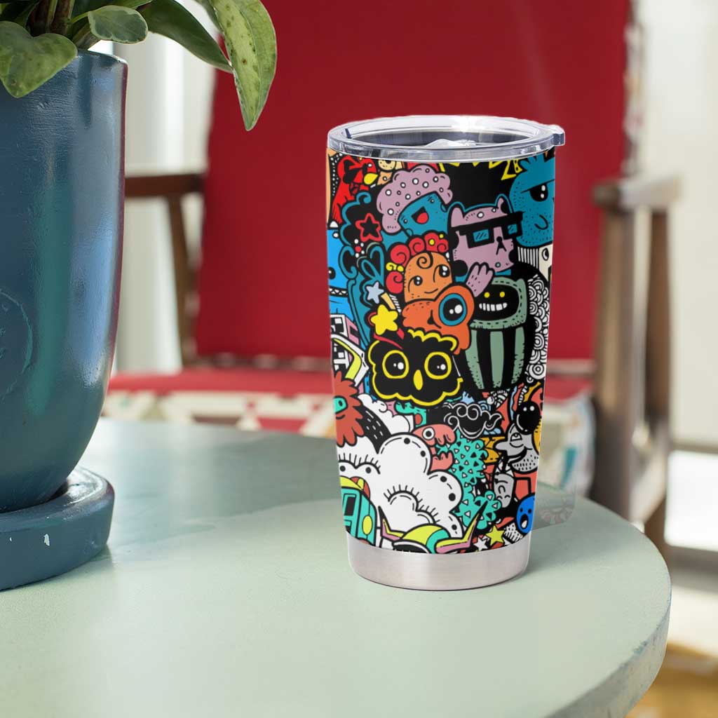 Happy Doodle Monsters Sticker Bomb Tumbler Cup Funny Graffiti Style Cartoon