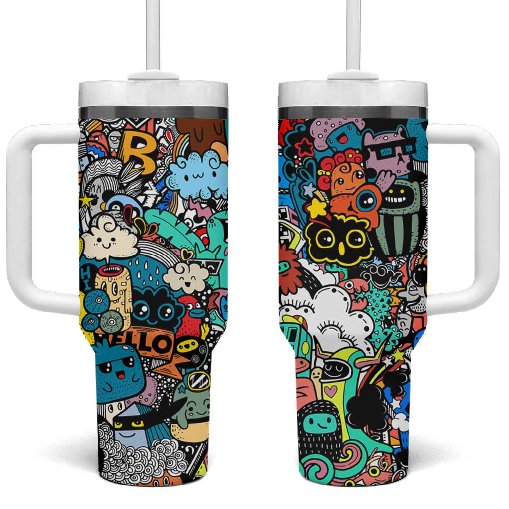 Happy Doodle Monsters Sticker Bomb Tumbler With Handle Funny Graffiti Style Cartoon