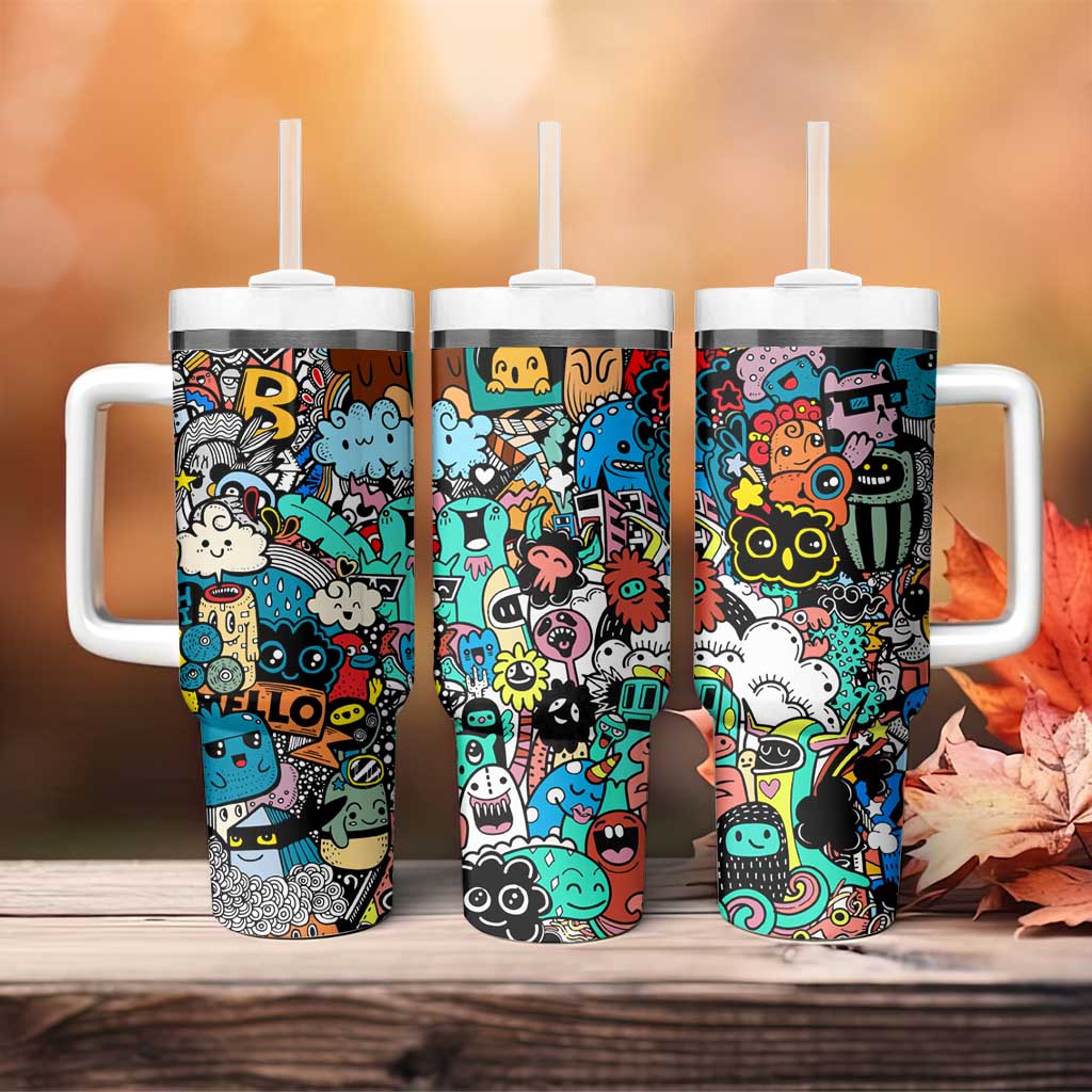 Happy Doodle Monsters Sticker Bomb Tumbler With Handle Funny Graffiti Style Cartoon