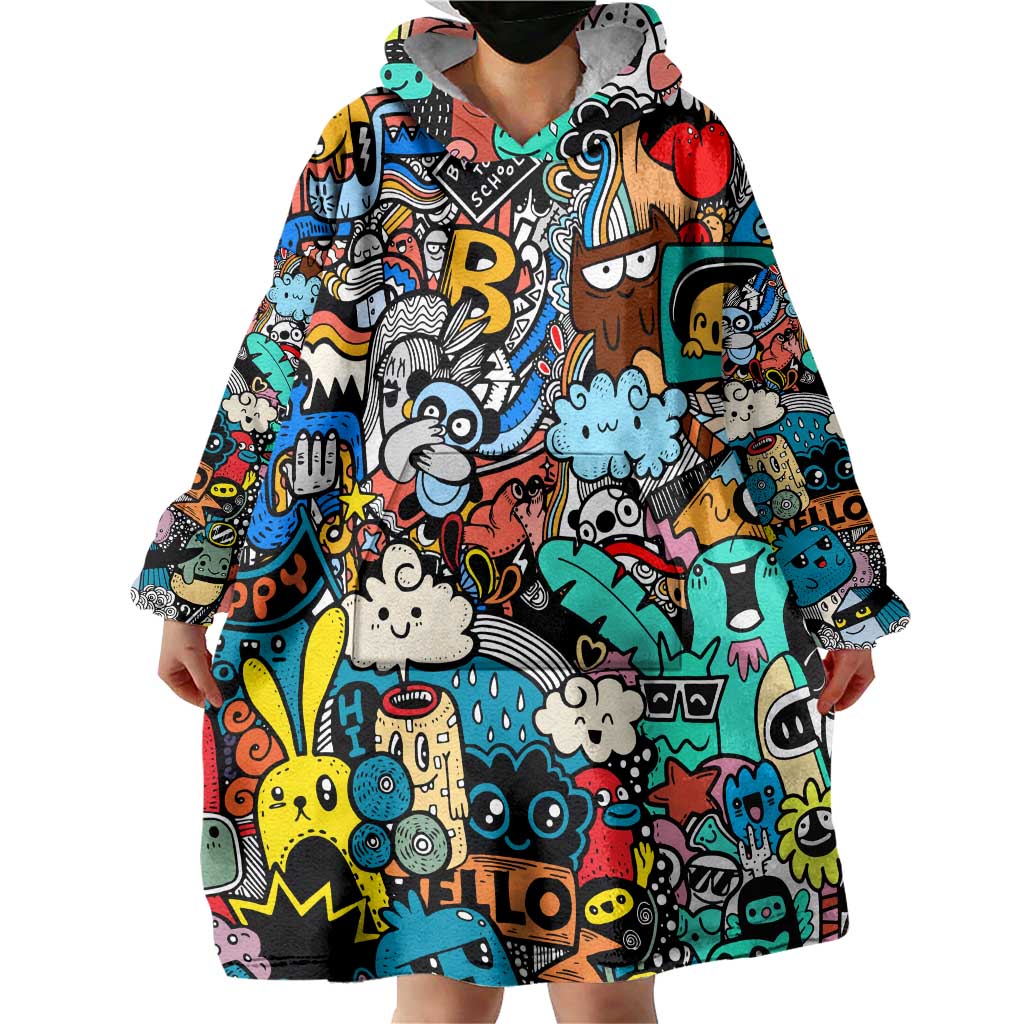 Happy Doodle Monsters Sticker Bomb Wearable Blanket Hoodie Funny Graffiti Style Cartoon