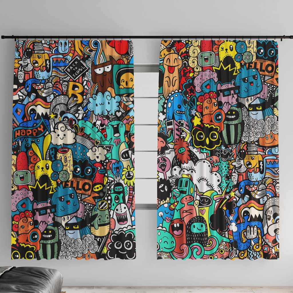 Happy Doodle Monsters Sticker Bomb Window Curtain Funny Graffiti Style Cartoon